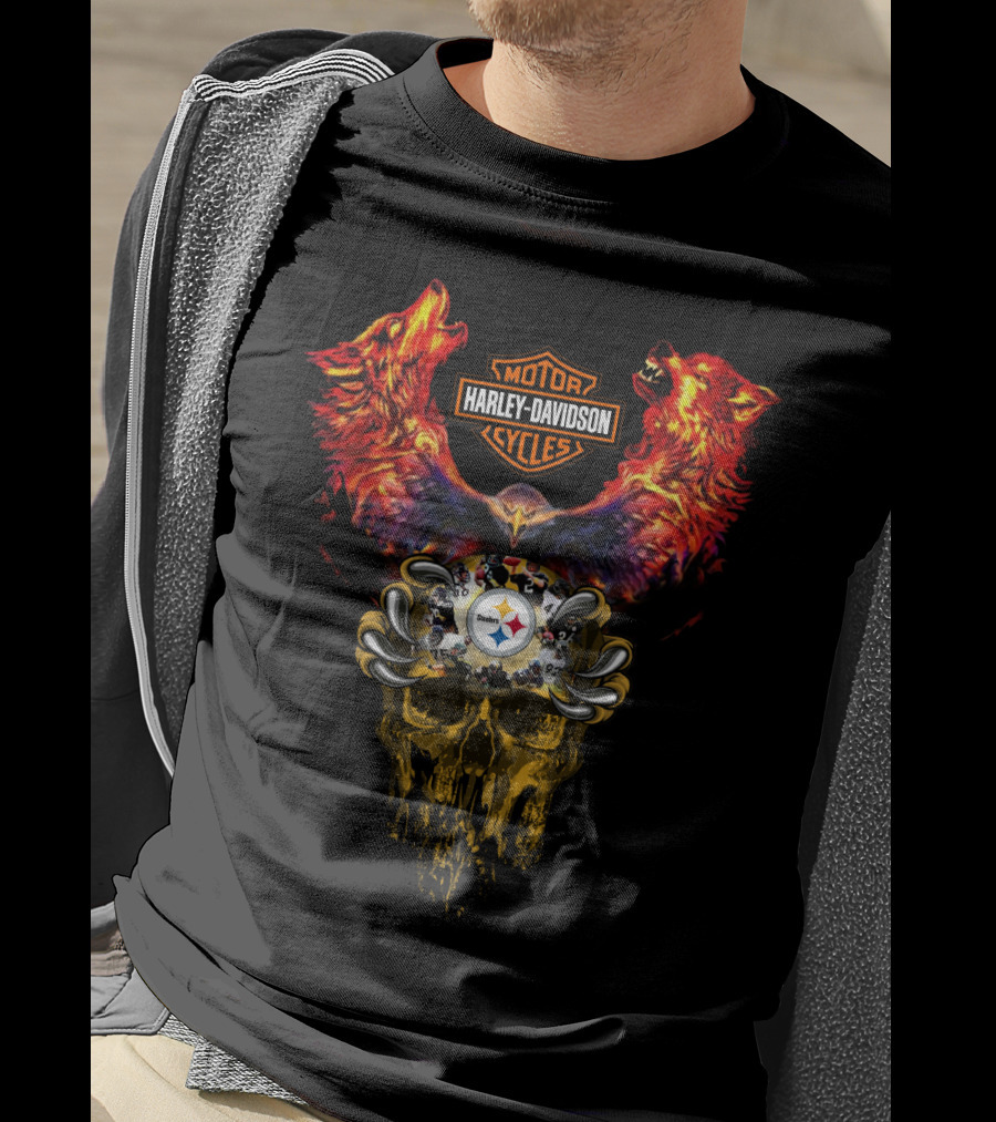 Harley Davidson Motor Cycles Pittsburgh Steelers Wolf Skull T-Shirt