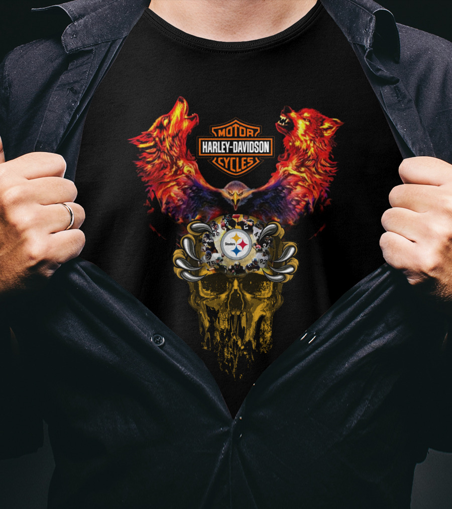 Harley Davidson Motor Cycles Pittsburgh Steelers Wolf Skull T-Shirt