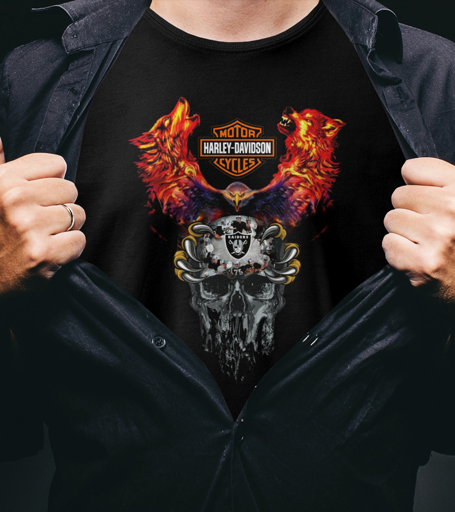 Or Harley Davidson Raiders 75 Skull Eagle Wolves T-Shirt
