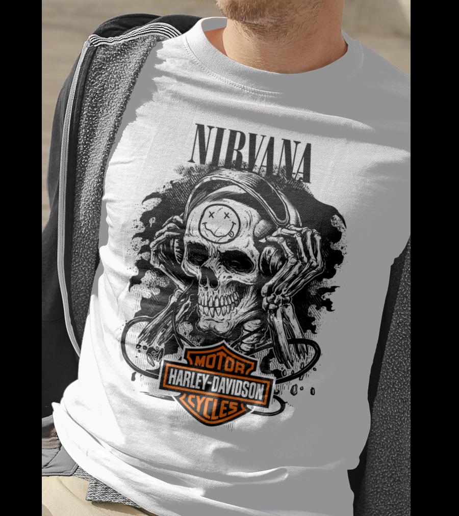 Nirvana Harley Davidson Skull With Headphones T-Shirt