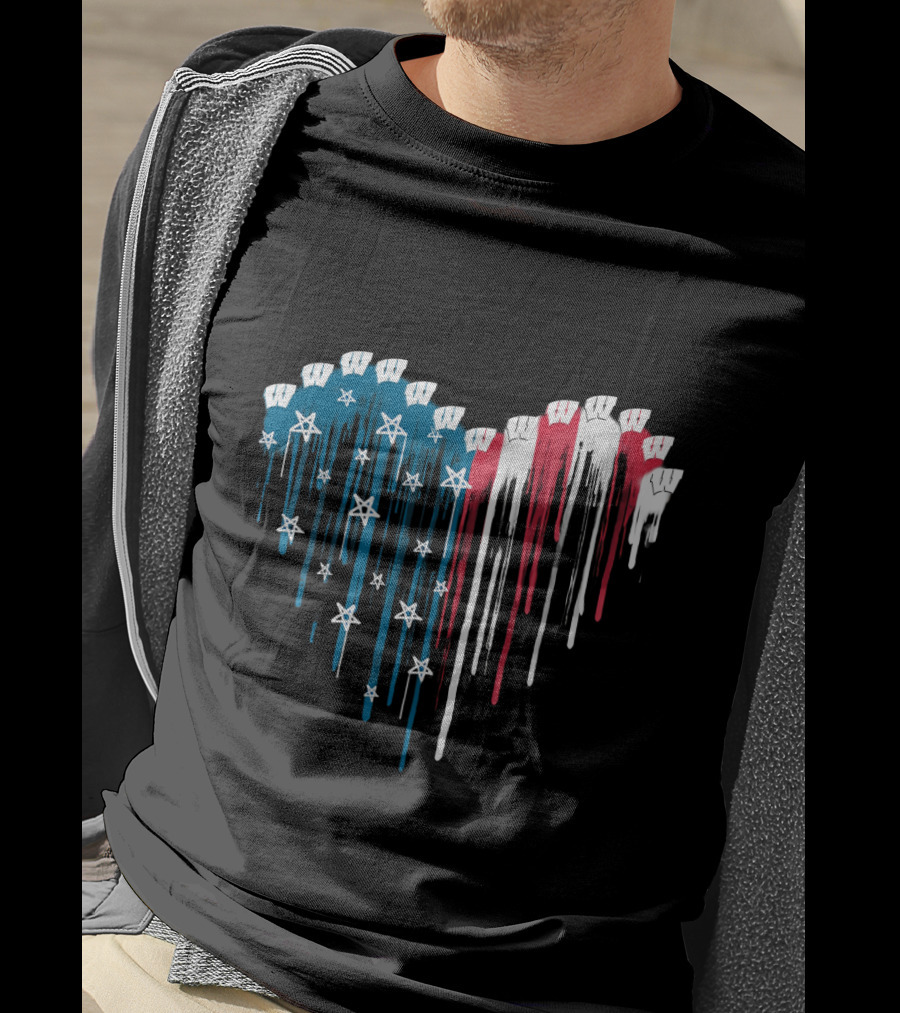 Wisconsin Badgers Heart Flag Design With Stars And Stripes Dripping Effect T-Shirt