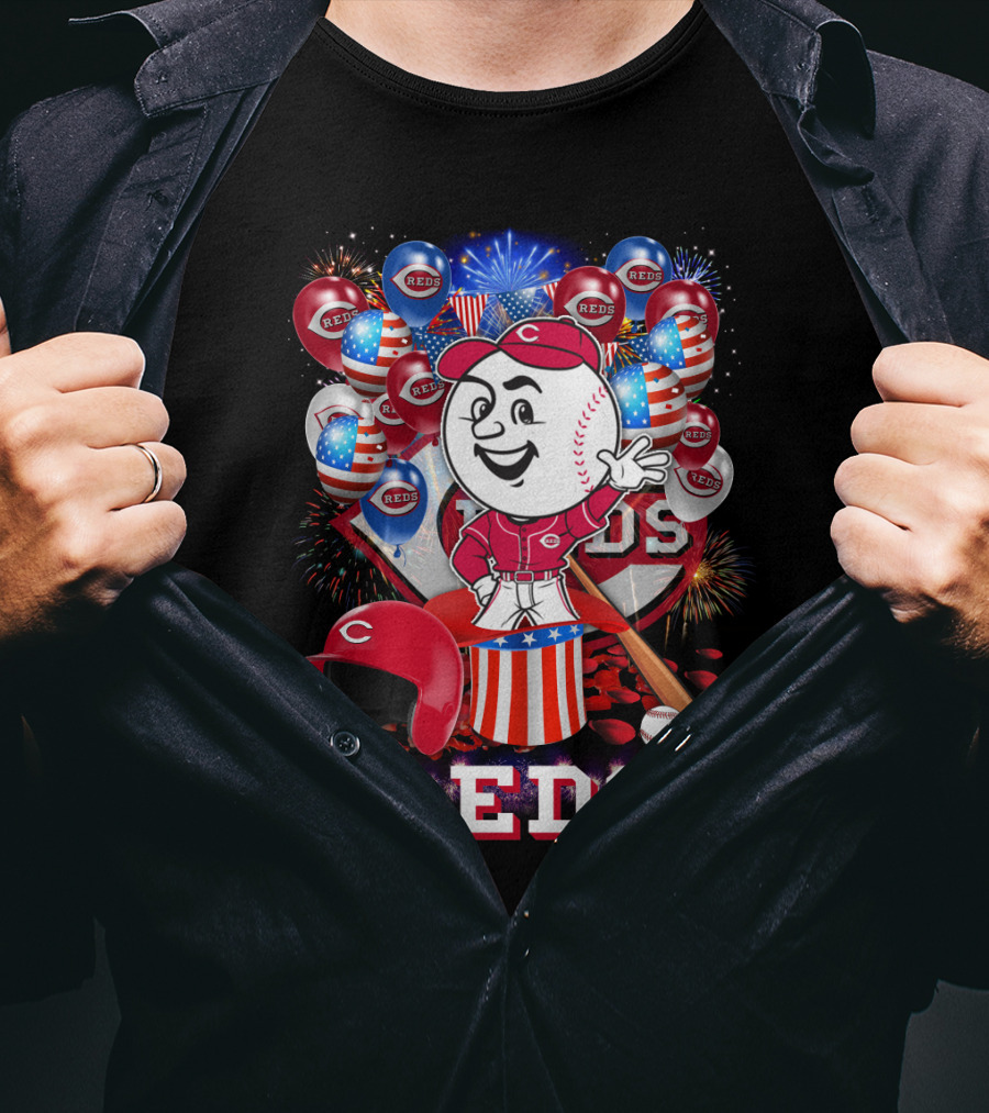 Mlb Cincinnati Reds Baseball Mascot Celebration With Fireworks And Patriotic Details T-Shirt