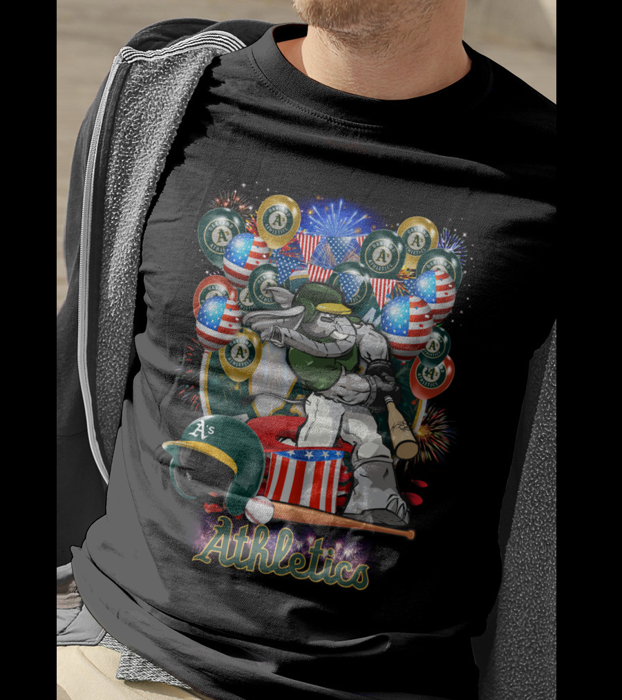 Mlb Oakland Athletics Fireworks Celebration With American Flags And Baseball Elements T-Shirt