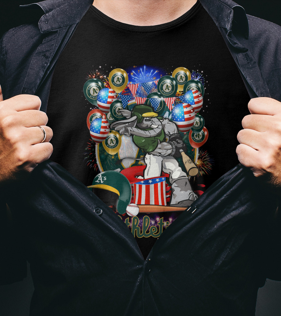 Mlb Oakland Athletics Fireworks Celebration With American Flags And Baseball Elements T-Shirt
