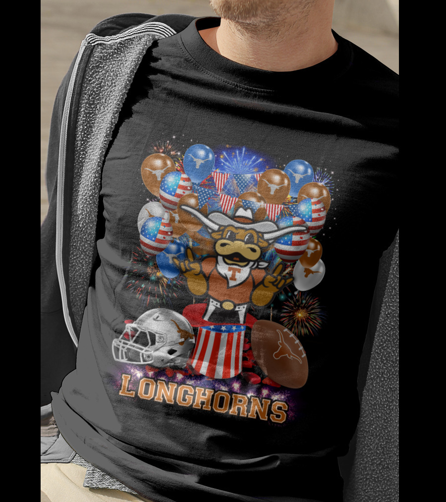 Ncaa Texas Longhorns Mascot Fireworks Balloons Helmet Football T-Shirt