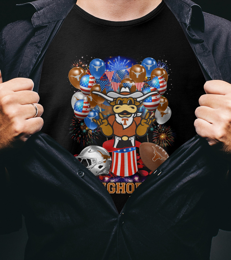 Ncaa Texas Longhorns Mascot Fireworks Balloons Helmet Football T-Shirt