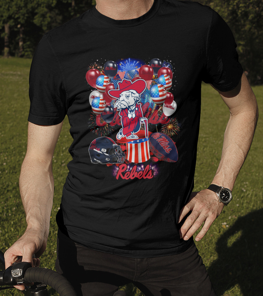 Ncaa2 Ole Miss Rebels Patriotic Balloons Fireworks Football Helmet Colonel Mascot Celebration T-Shirt