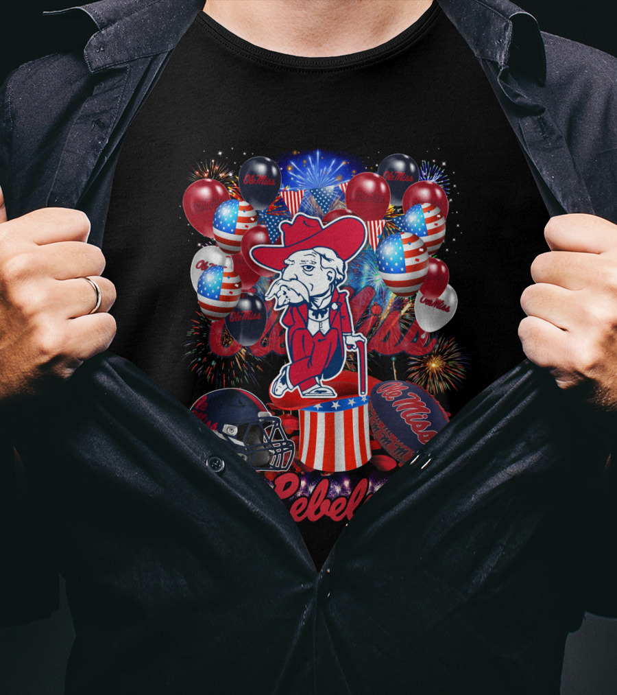 Ncaa2 Ole Miss Rebels Patriotic Balloons Fireworks Football Helmet Colonel Mascot Celebration T-Shirt