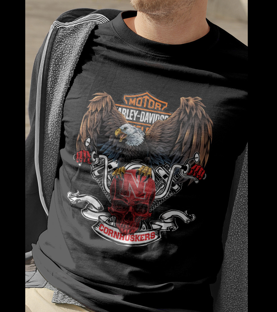 Harley Davidson Cornhuskers Bald Eagle Nebraska Skull T-Shirt