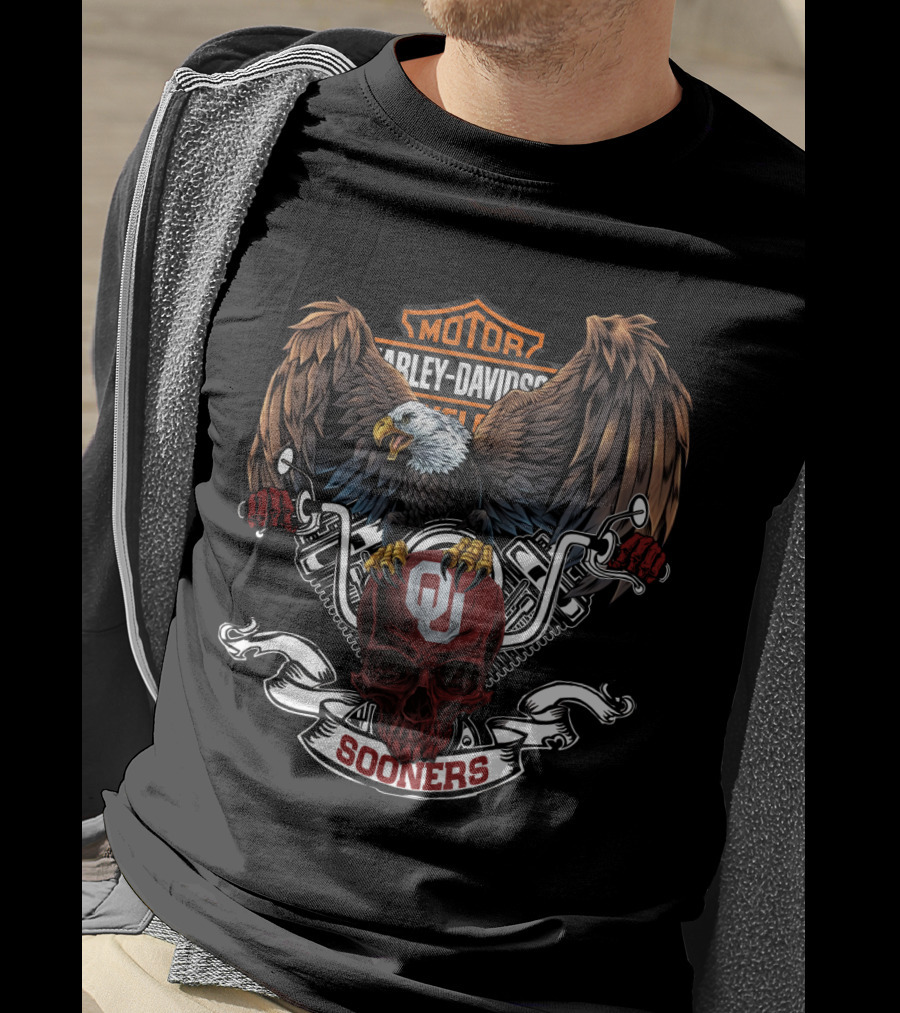 Motor Harley Davidson Cycles Oklahoma Sooners Bald Eagle Skull T-Shirt