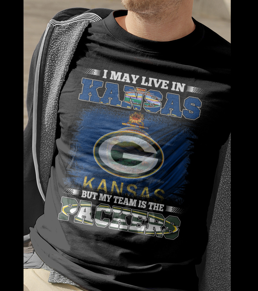 I May Live In Kansas But My Team Is The Packers Featuring Kansas Flag And Green Bay T-Shirt