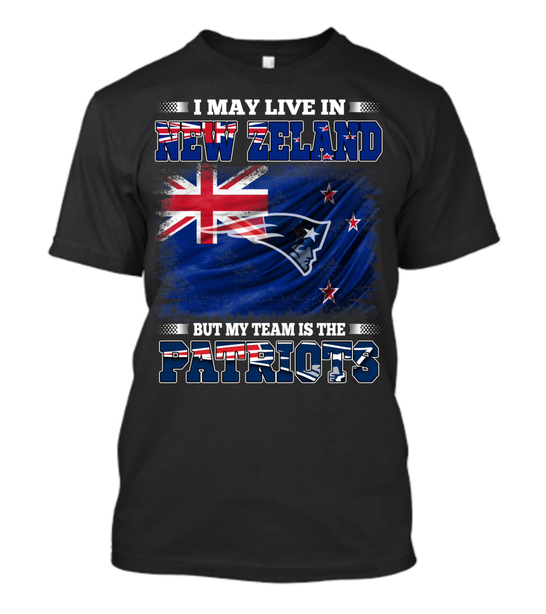 Patriots Fan Living In New Zealand With New England Logo And Flag Elements T-Shirt