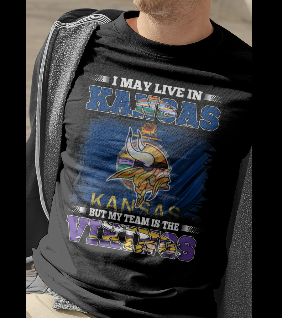 I May Live In Kansas But My Team Is The Vikings Kansas Flag Viking Helmet T-Shirt