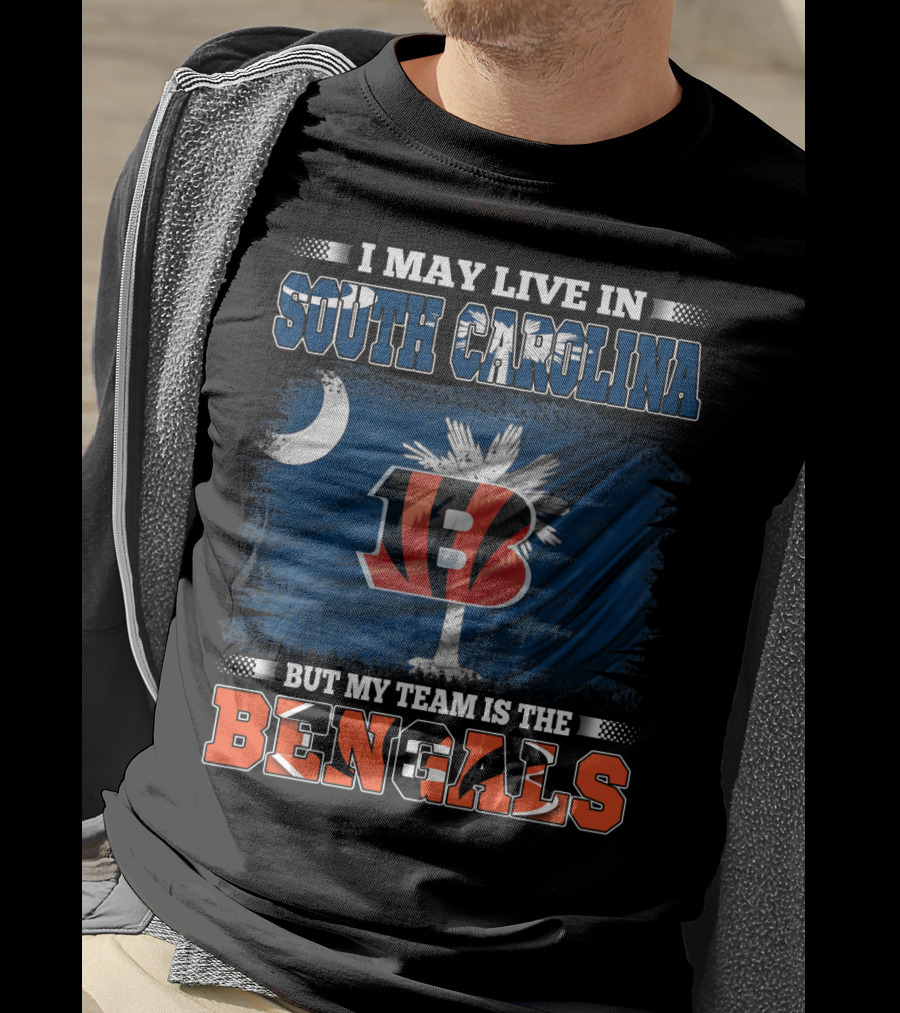 I May Live In South Carolina But My Team Is The Bengals Moon Palmetto Flag Graphics T-Shirt