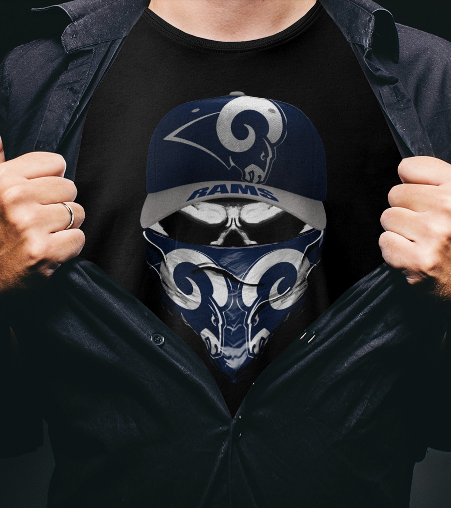 Los Angeles Rams Blue And Silver Skull Bandana And Cap T-Shirt