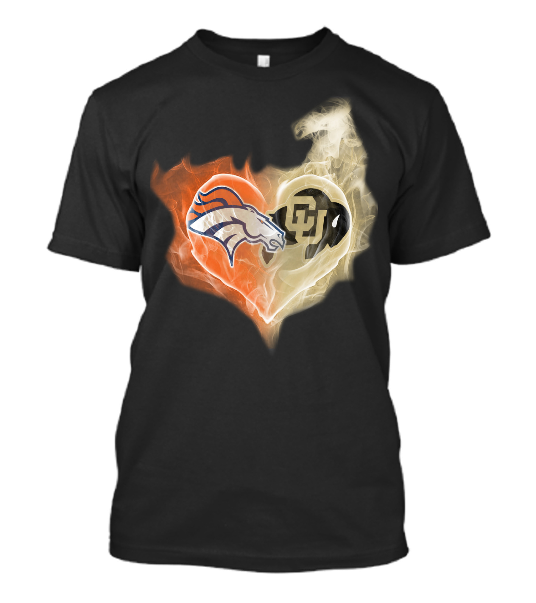 Broncos Colorado Buffaloes Heart-Shaped Flames T-Shirt
