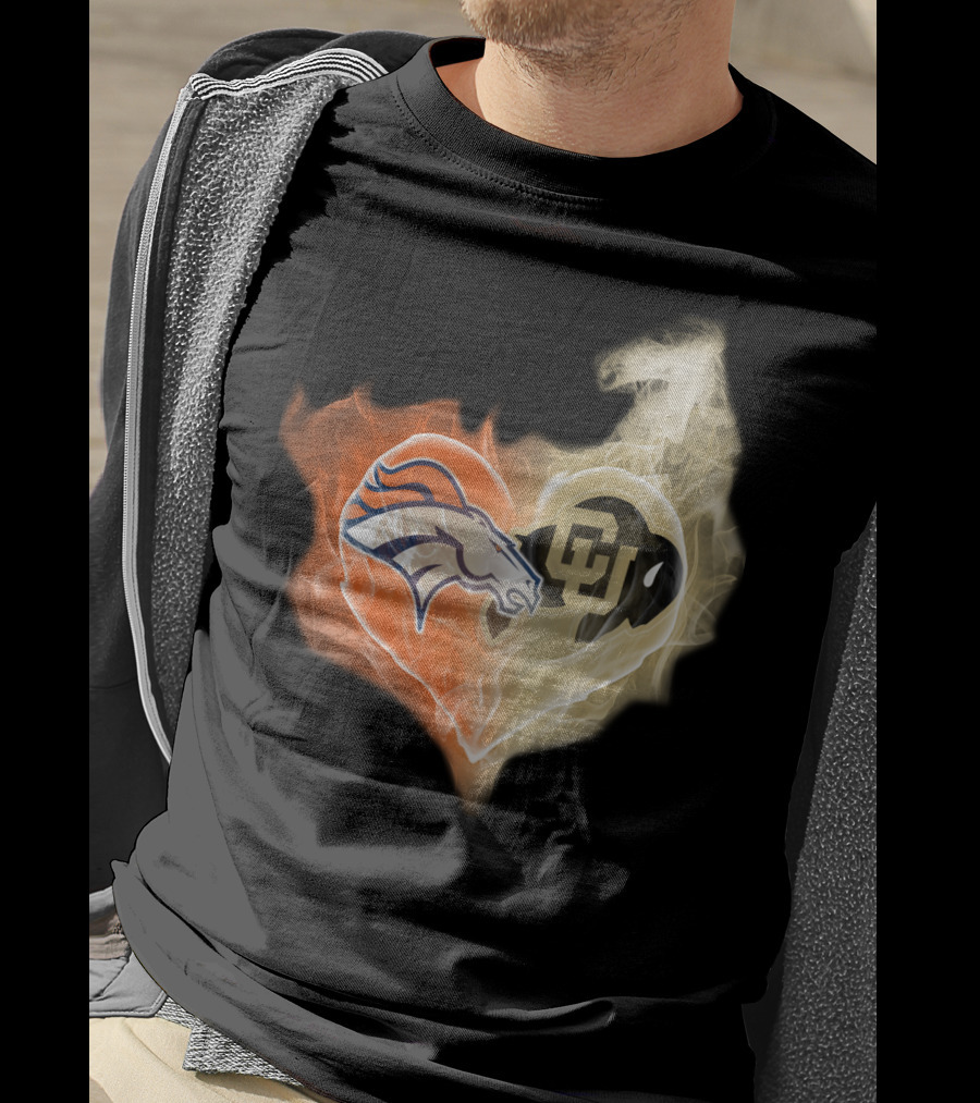 Broncos Colorado Buffaloes Heart-Shaped Flames T-Shirt