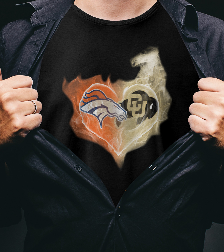 Broncos Colorado Buffaloes Heart-Shaped Flames T-Shirt
