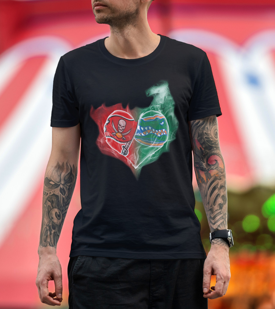 Buccaneers and Florida Gators Heart Smoke Logo Combination T-Shirt