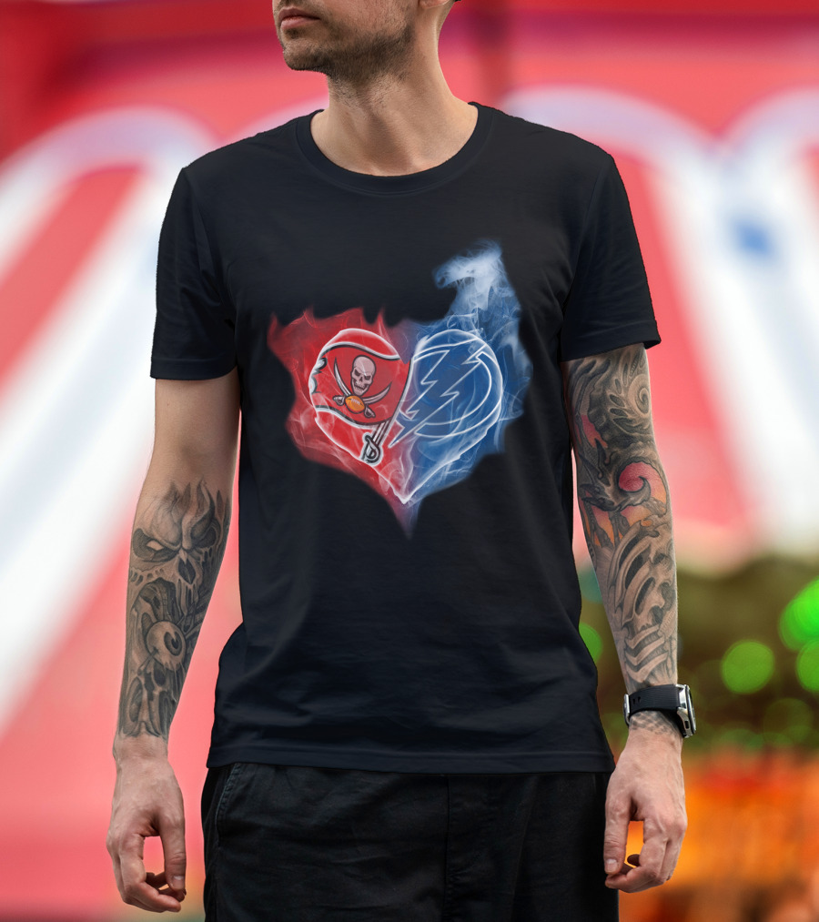 Buccaneers and Tampa Bay Lightning Heart Logo Fusion T-Shirt