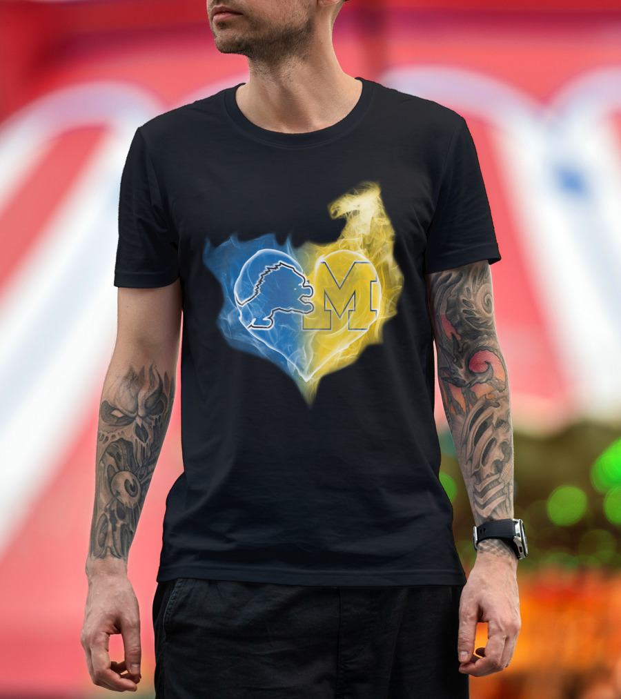 Lions Michigan Wolverines Heart Logo Emblem T-Shirt