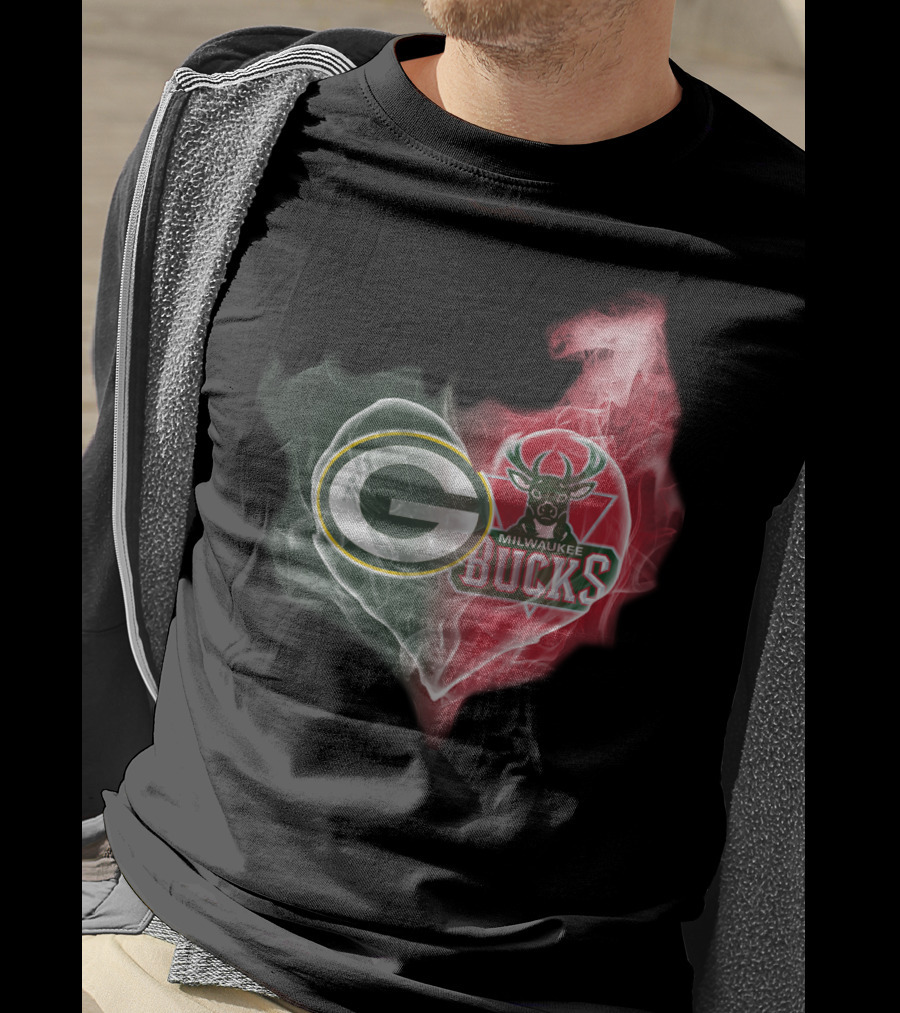Green Bay Packers And Milwaukee Bucks Heart Fusion T-Shirt