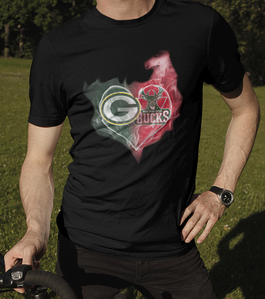 Green Bay Packers And Milwaukee Bucks Heart Fusion T-Shirt