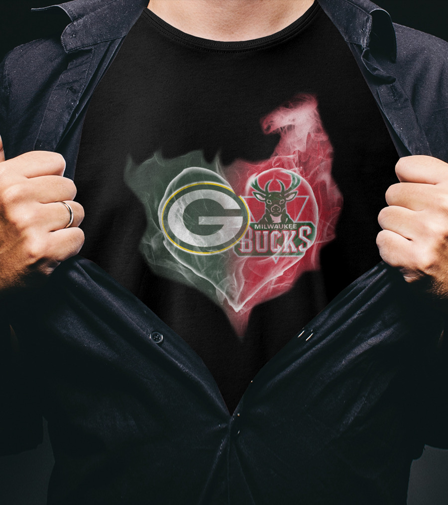 Green Bay Packers And Milwaukee Bucks Heart Fusion T-Shirt