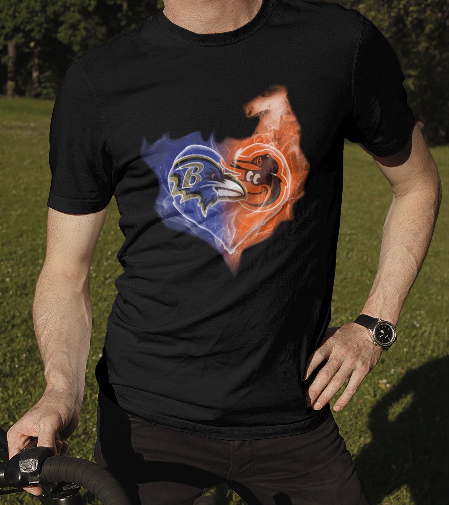 Baltimore Ravens Orioles Heart Flame T-Shirt