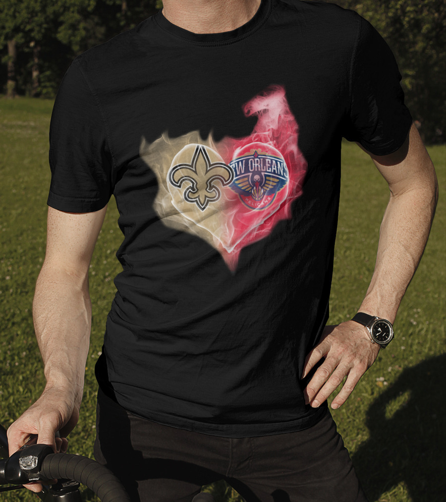 New Orleans Saints Pelicans Heart Logo Fusion T-Shirt