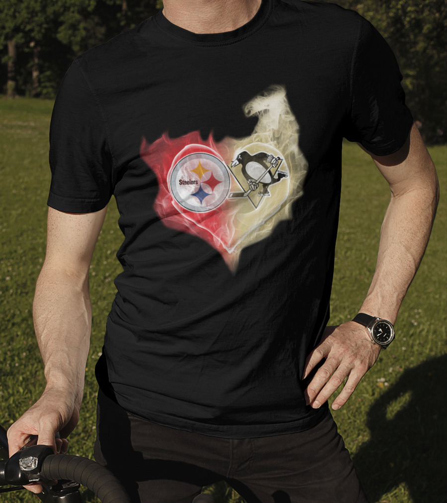 Steelers Pittsburgh Penguins Heart Shape Emblem T-Shirt
