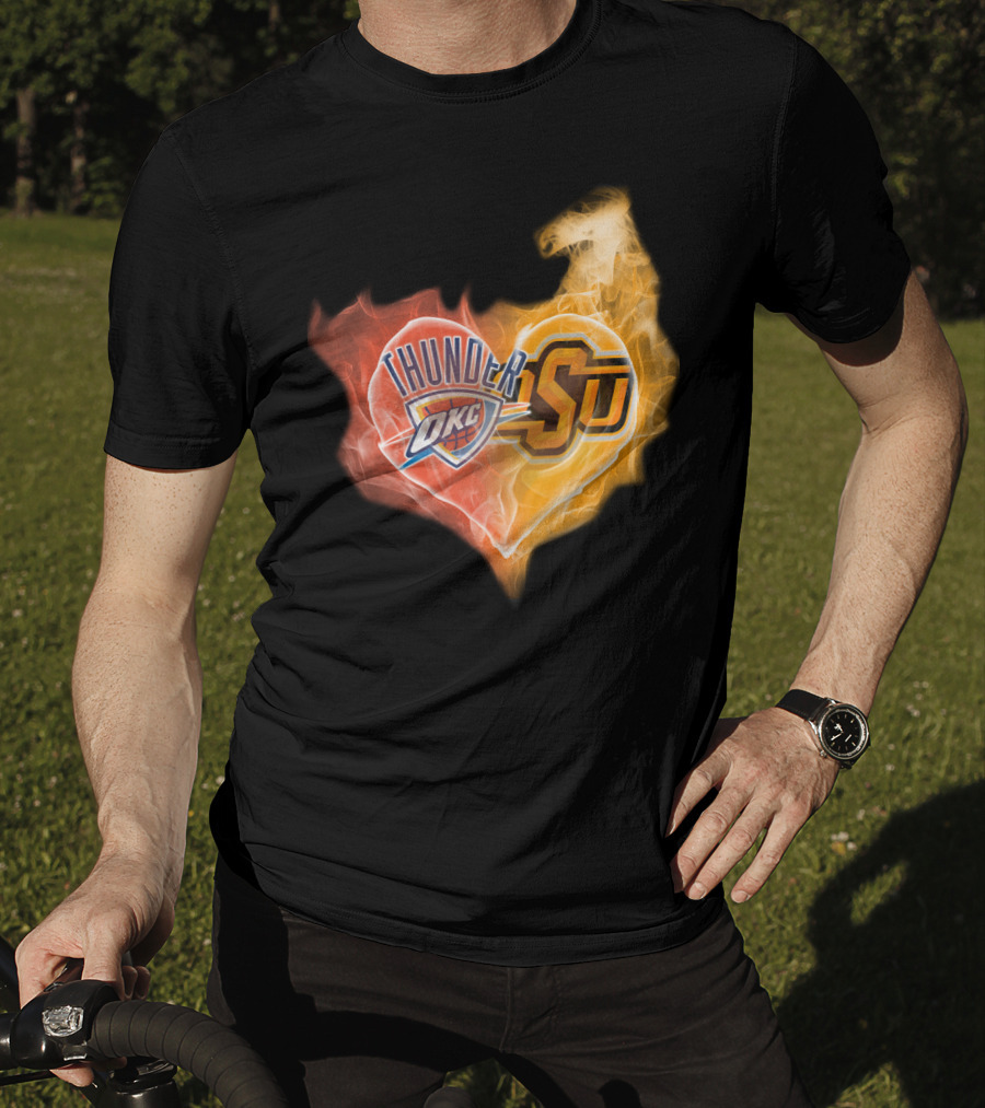 Thunder OKC And OSU Cowboys Flame Heart T-Shirt