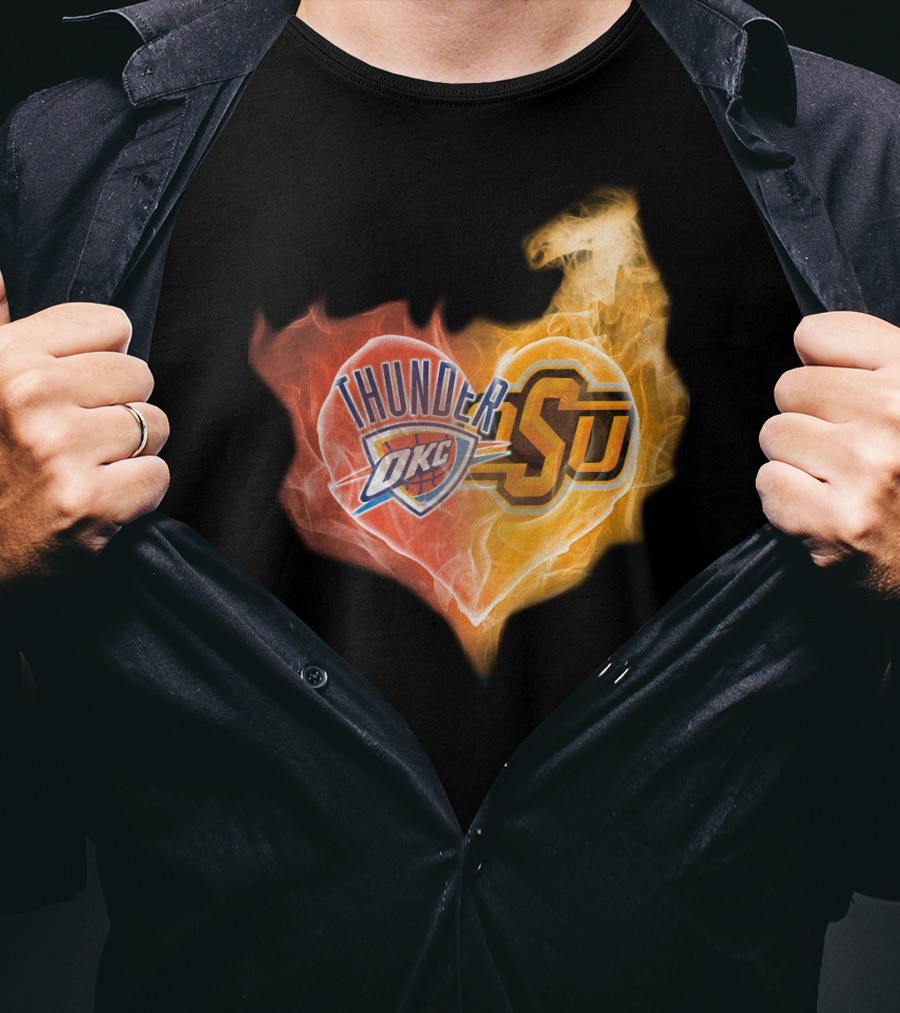 Thunder OKC And OSU Cowboys Flame Heart T-Shirt