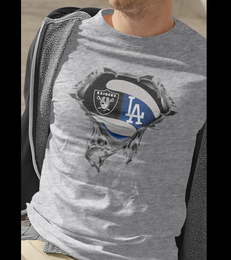 Raiders And Dodgers Logos Underneath Ripped Metal T-Shirt