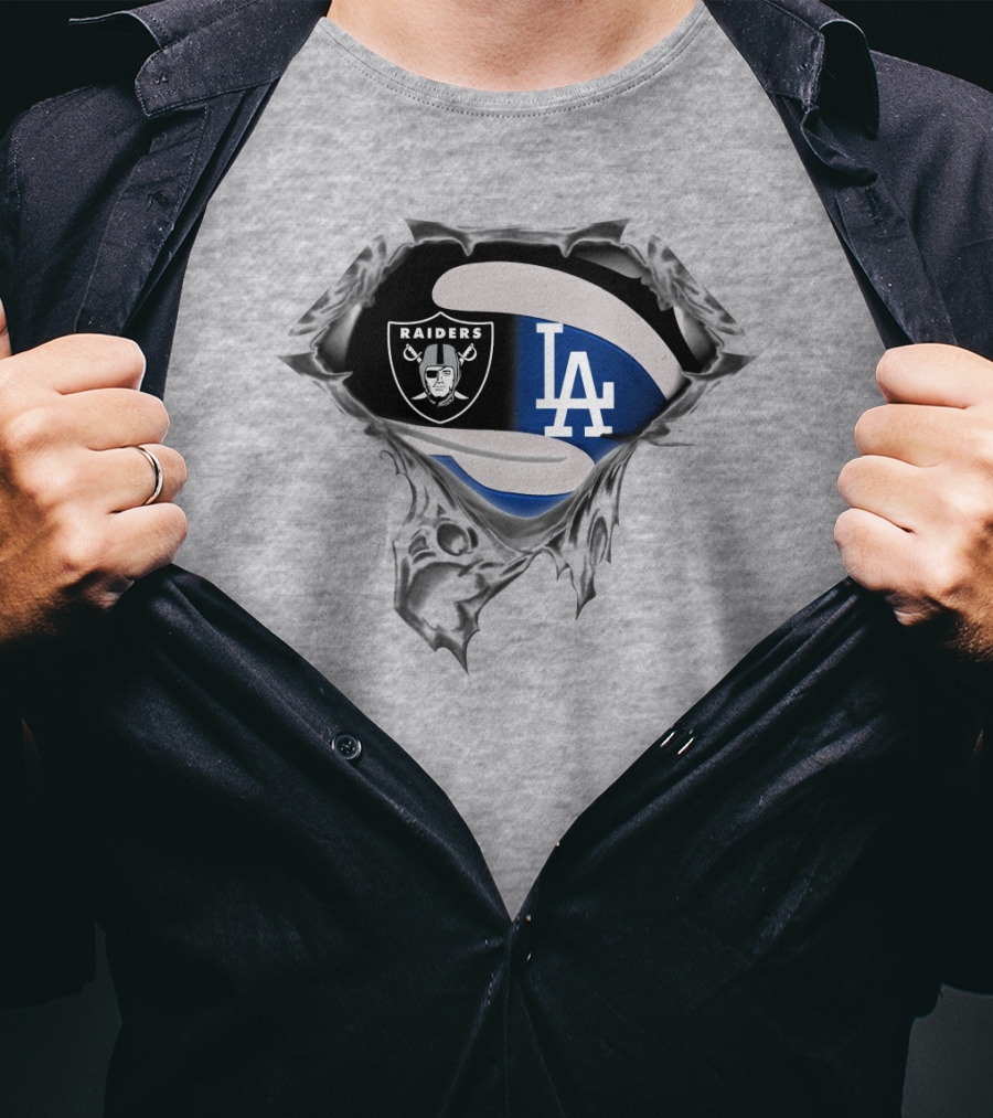 Raiders And Dodgers Logos Underneath Ripped Metal T-Shirt