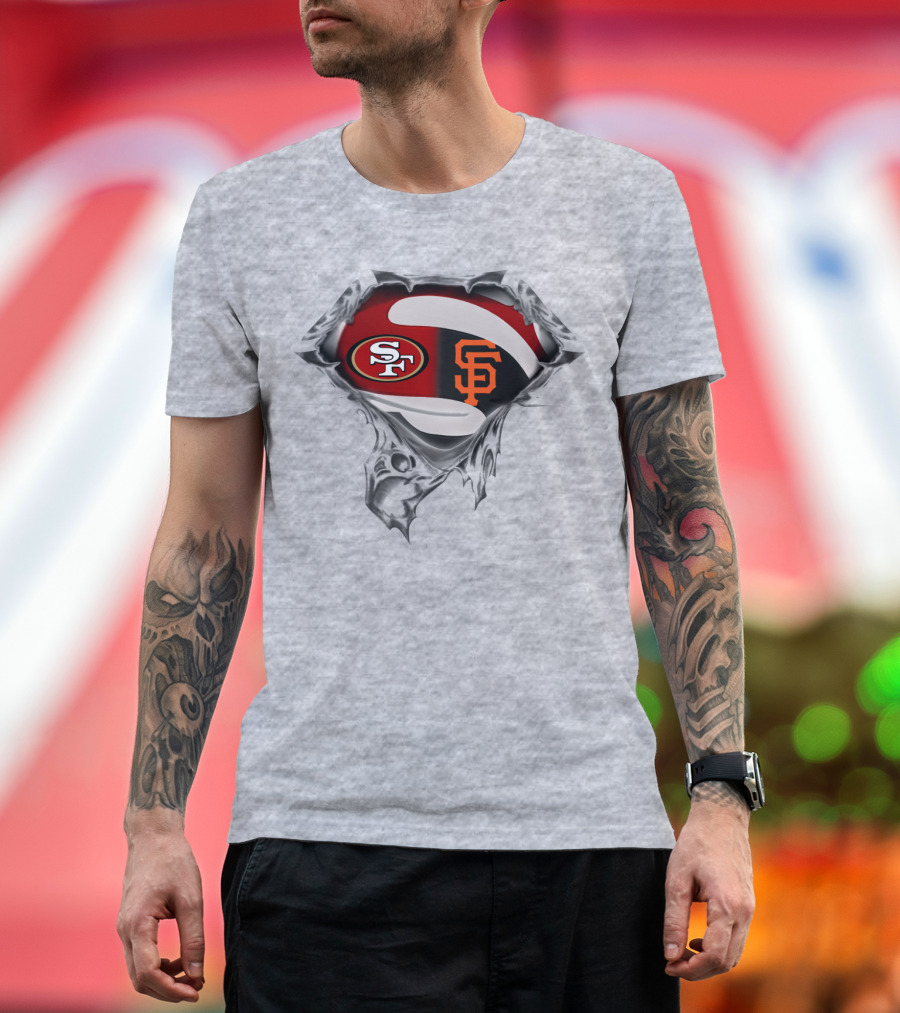 Sf 49ers And Giants Logos Inside Superhero Style T-Shirt