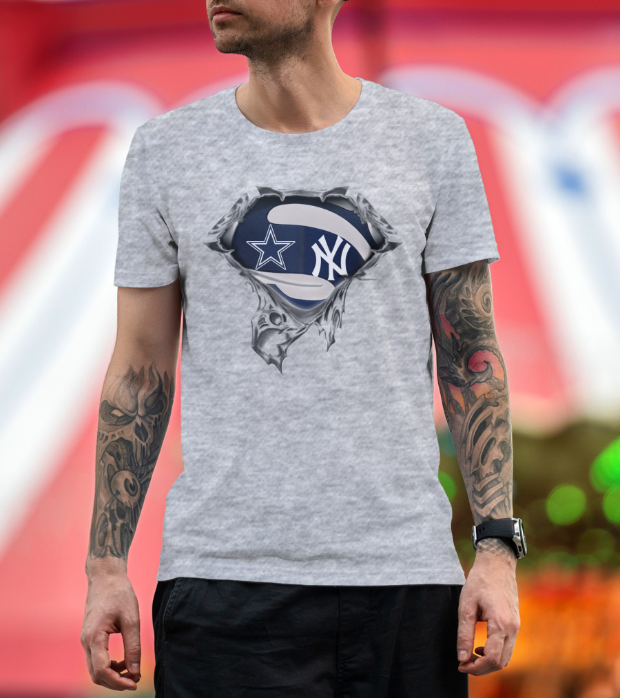 Cowboys Yankees Star And Ny Logo Fusion On Torn Fabric T-Shirt