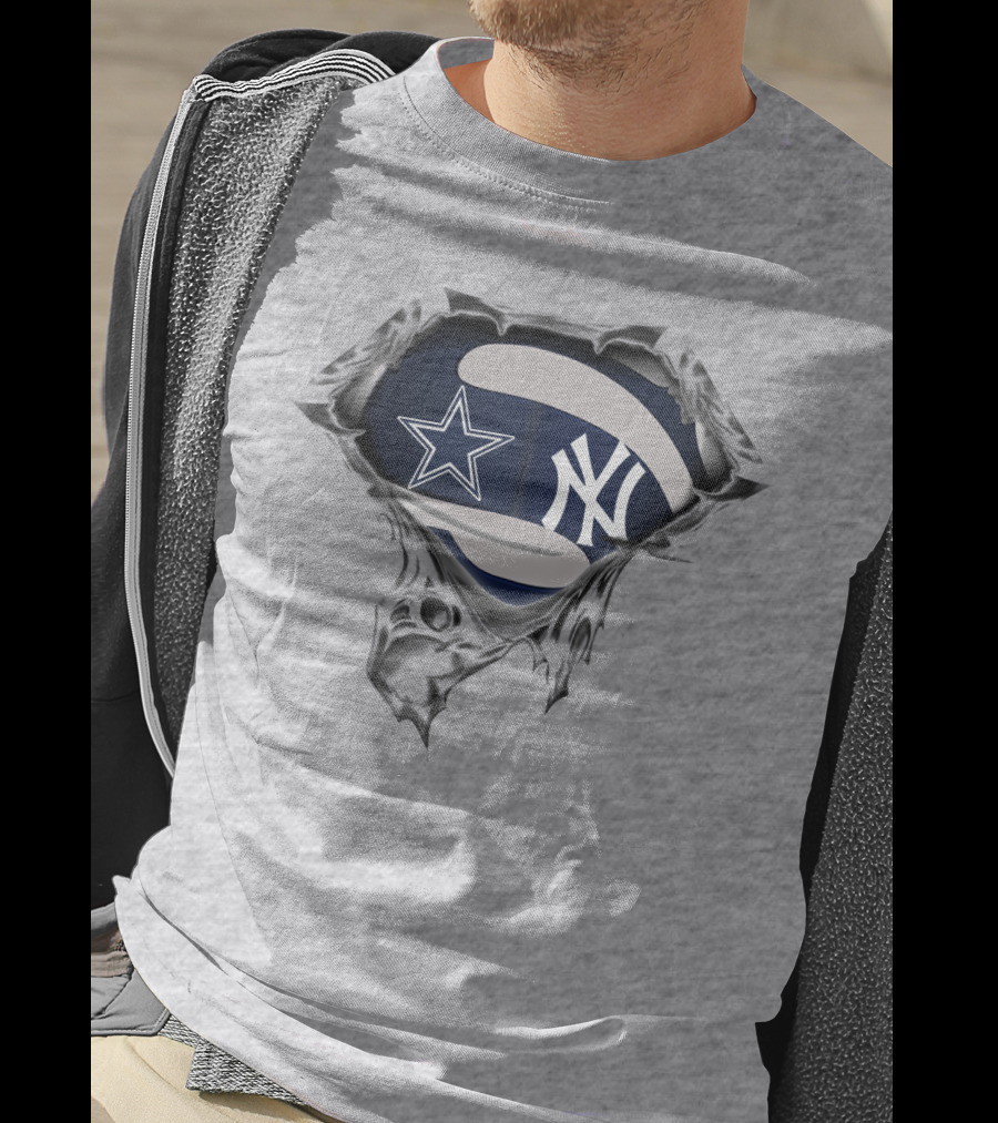 Cowboys Yankees Star And Ny Logo Fusion On Torn Fabric T-Shirt