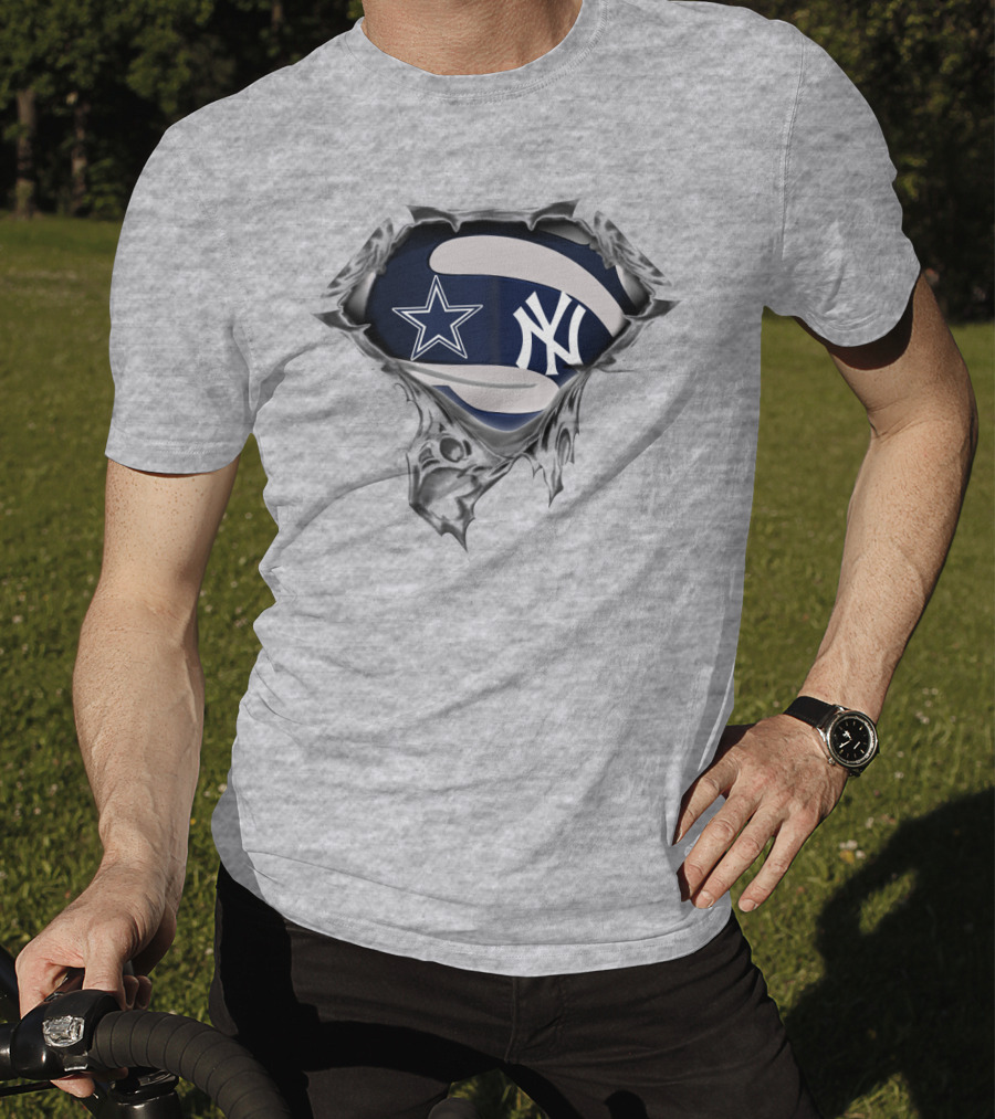 Cowboys Yankees Star And Ny Logo Fusion On Torn Fabric T-Shirt