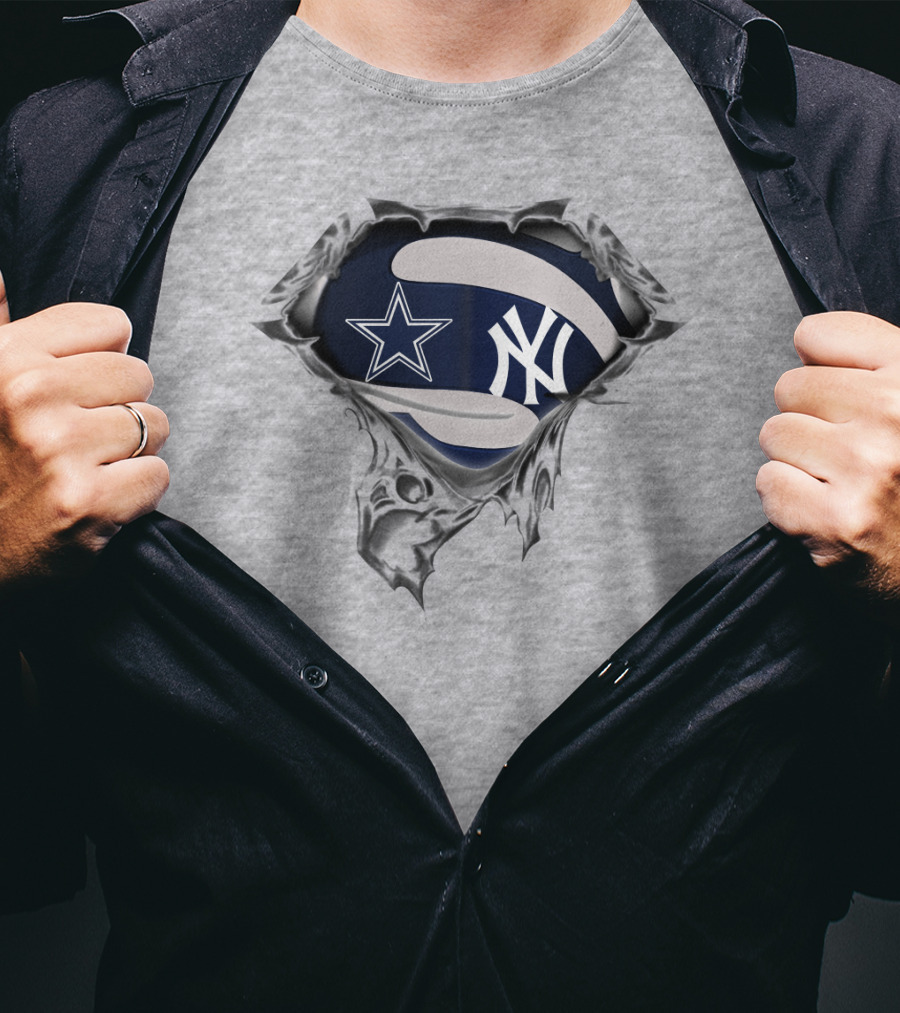 Cowboys Yankees Star And Ny Logo Fusion On Torn Fabric T-Shirt