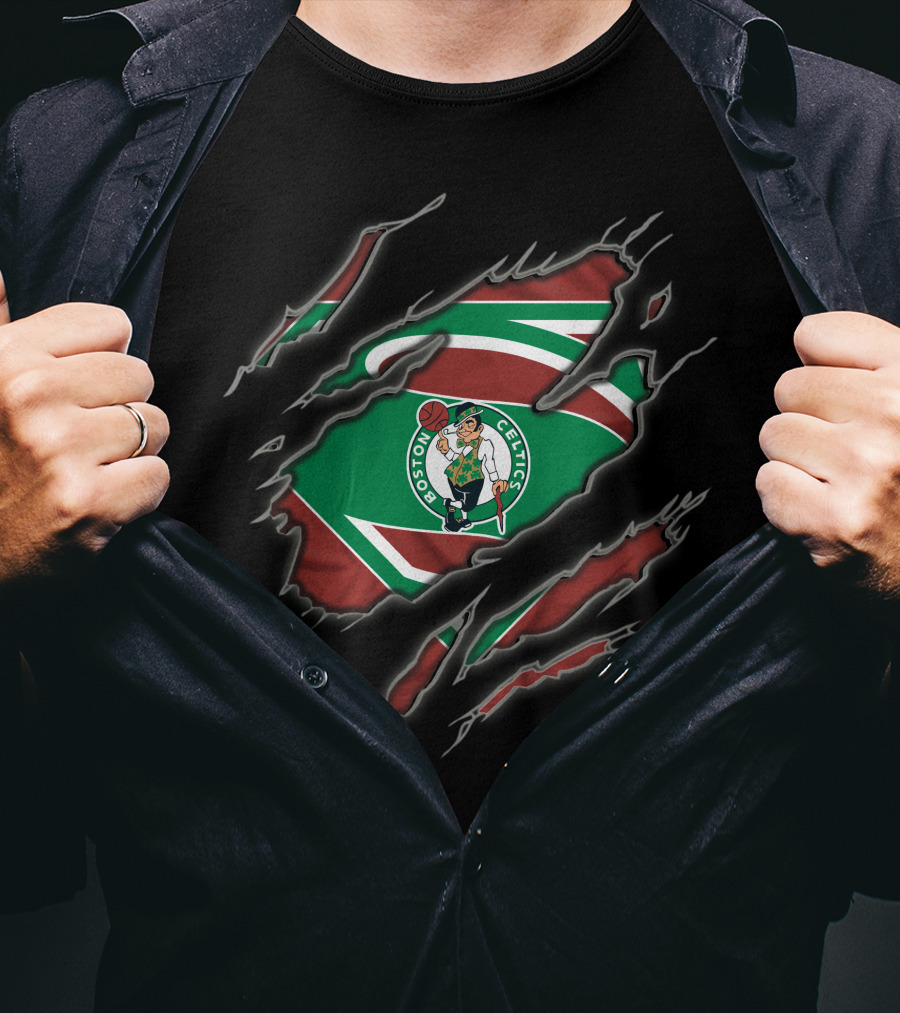 Boston Celtics Superman Logo Green And Red Rip T-Shirt