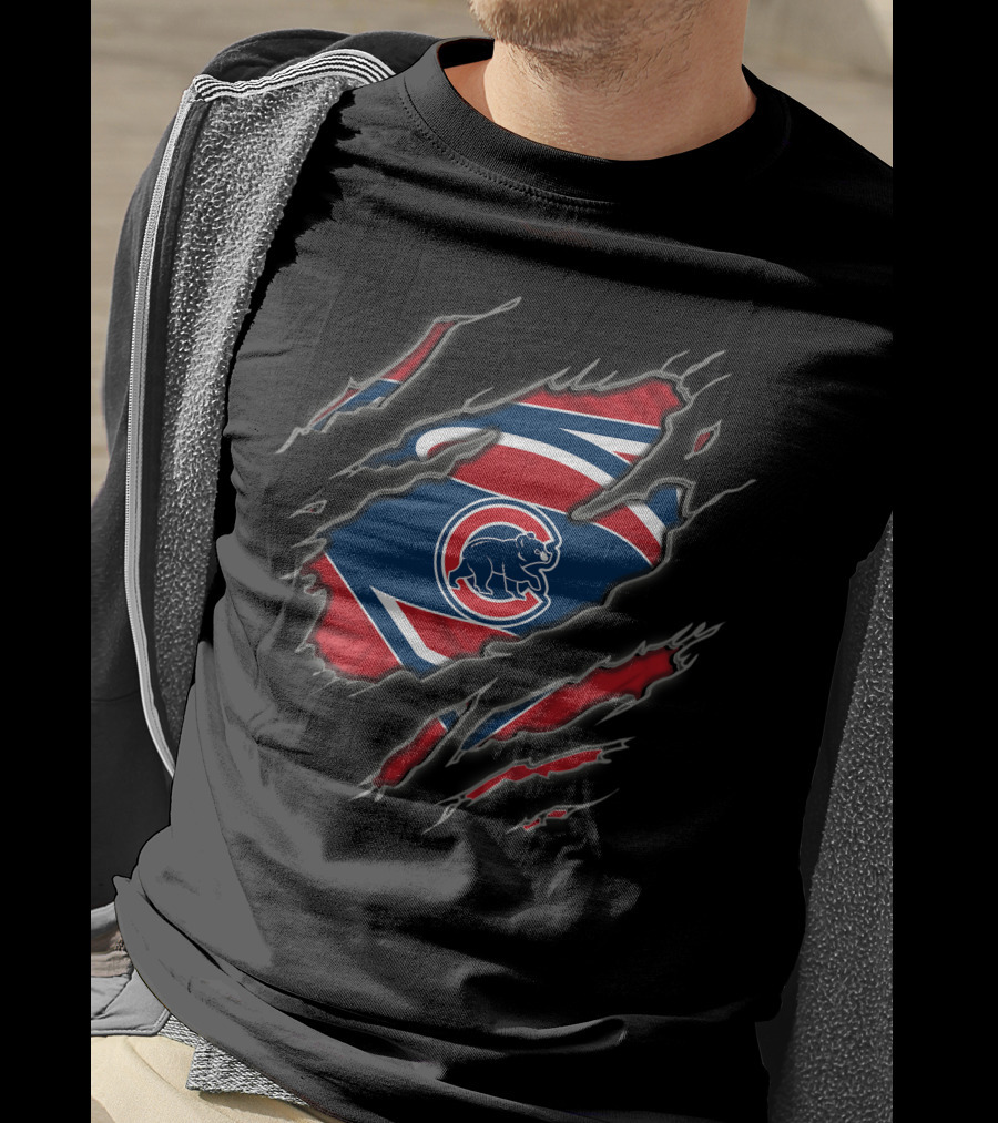 Chicago Cubs Superhero Shield Bear Claw Ripped T-Shirt