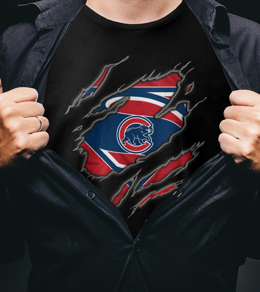 Chicago Cubs Superhero Shield Bear Claw Ripped T-Shirt