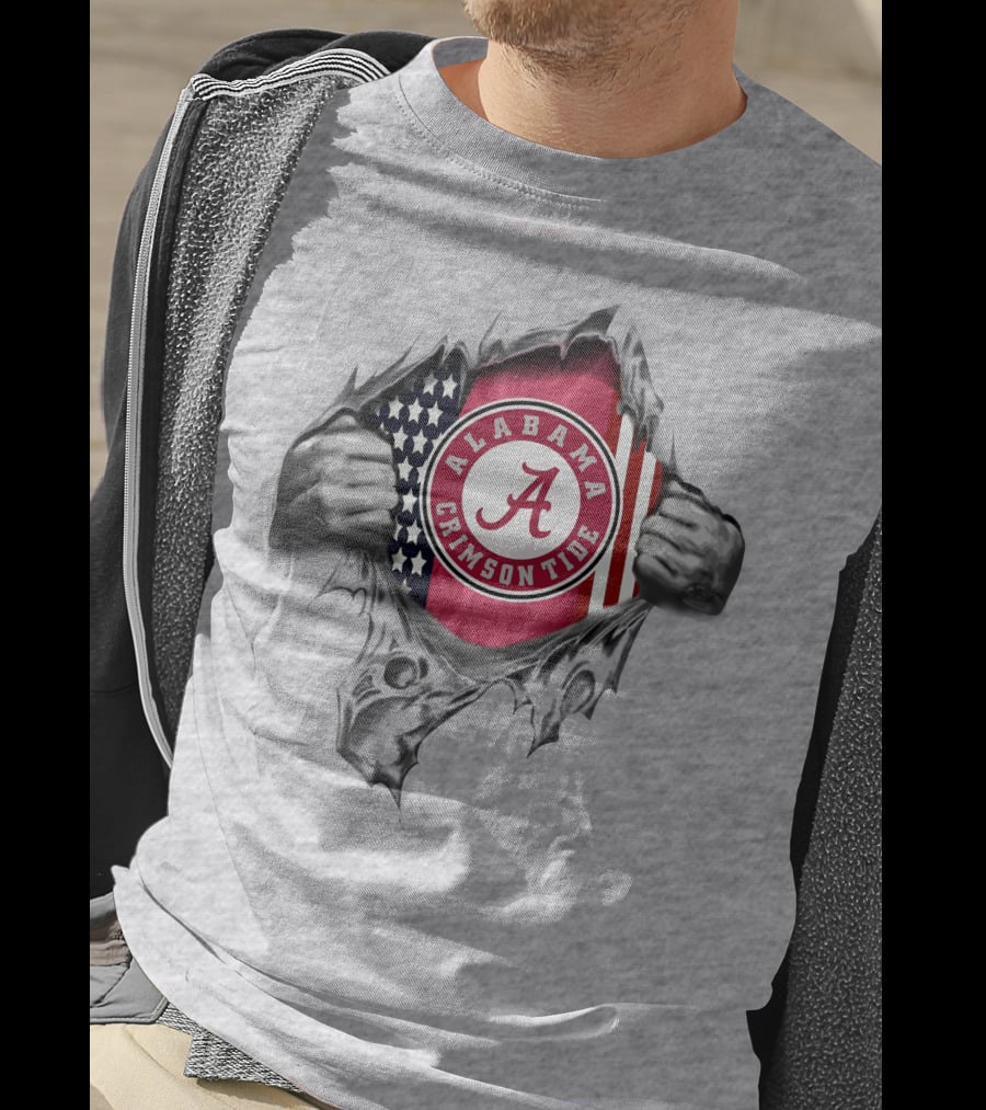 Alabama Crimson Tide American Flag Ripped Style T-Shirt