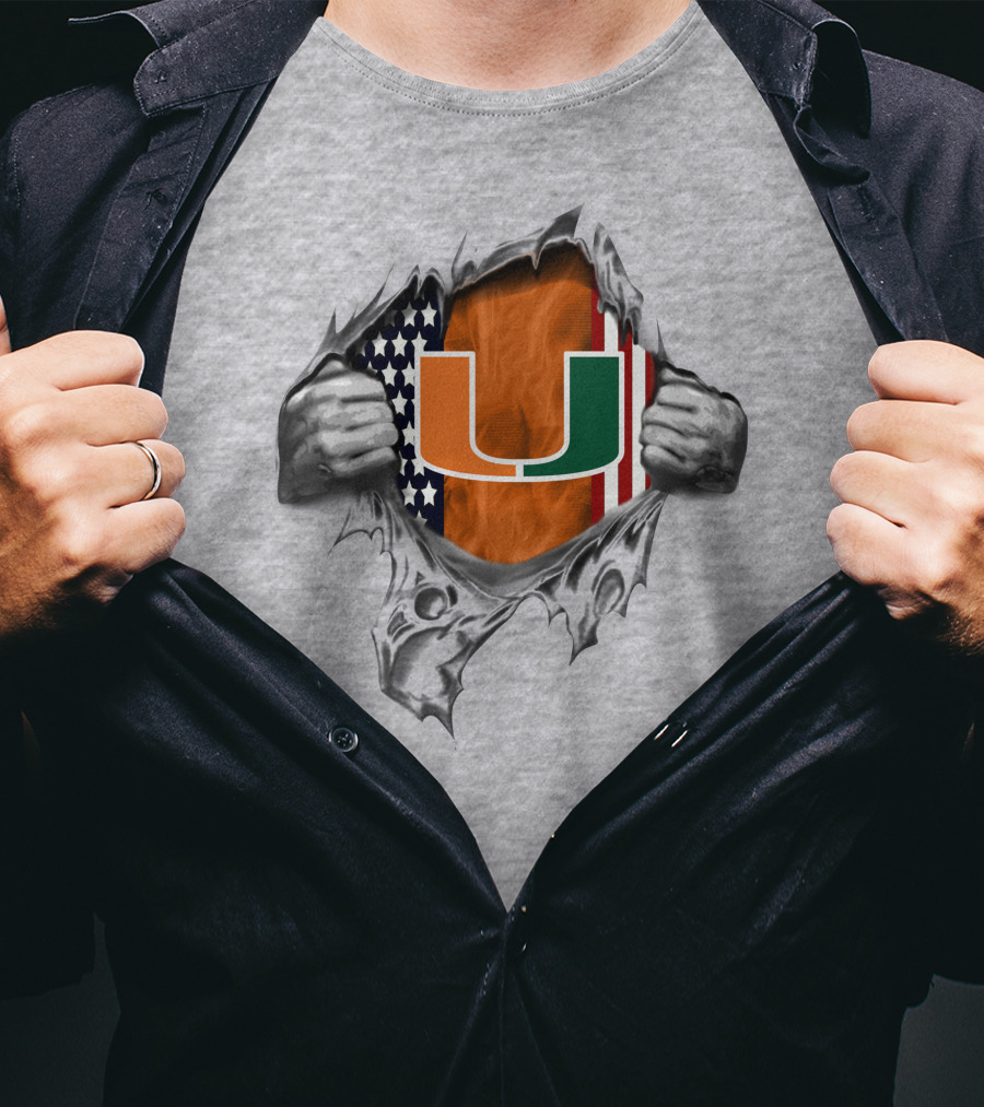 Usa Flag Miami Hurricanes U Logo Burst T-Shirt
