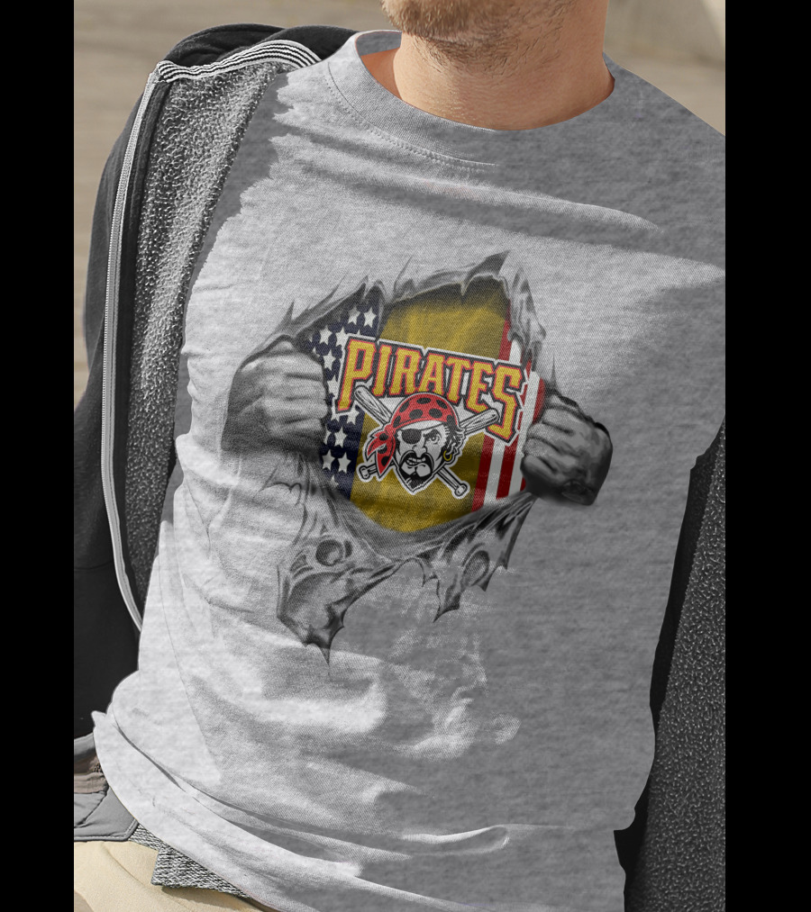 Pirates American Flag Skull And Crossed Bats Baseball Tear T-Shirt