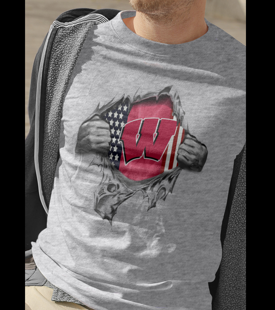 Wisconsin Badgers American Flag Ripped Reveal T-Shirt
