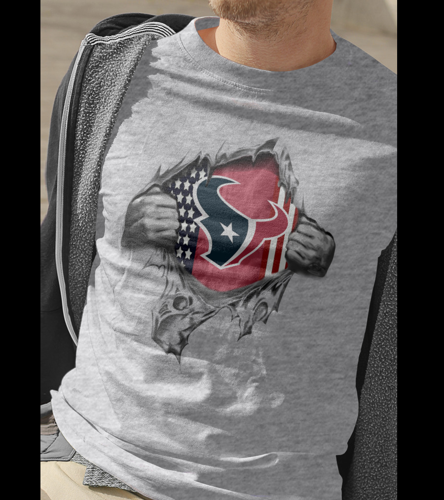 Ripped American Flag With Houston Texans Logo Peeking Through T-Shirt