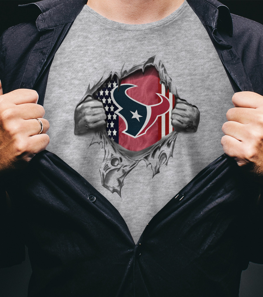 Ripped American Flag With Houston Texans Logo Peeking Through T-Shirt