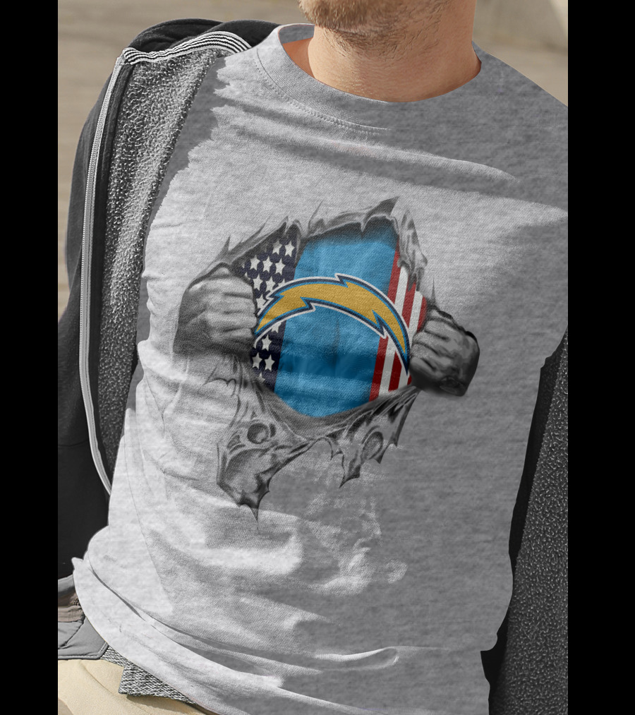 Los Angeles Chargers American Flag Peeking Through Torn Silver Fists T-Shirt